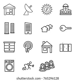 Thin line icon set : warehouse, satellite antenna, sun power, mansion, skyscrapers, skyscraper, houses, key, chest of drawers, elecric oven, house, clean window, washing machine, vacuum cleaner