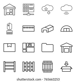 Thin line icon set : warehouse, server, cloude service, cloud wireless, crystall memory, bunker, hangare, package box, consolidated cargo, documents, rack, pallet, barrel