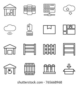 Thin line icon set : warehouse, server, cloude service, cloud wireless, crystall memory, package box, consolidated cargo, rack, pallet, barrel, grain elevator
