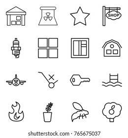 Thin line icon set : warehouse, nuclear power, star, shop signboard, spark plug, window, house, plane, do not trolley sign, key, pool, fire, seedling, wasp, garden