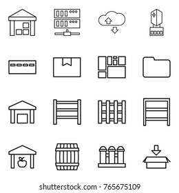 Thin line icon set : warehouse, server, cloude service, crystall memory, bunker, package box, consolidated cargo, documents, rack, pallet, barrel, grain elevator