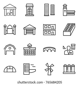 Thin line icon set : warehouse, building, skyscrapers, church, minaret, garage, modular house, brick, barn, university, bridge, architector, greenhouse, hotel, windmill, grain elevator