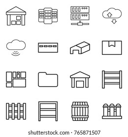 Thin line icon set : warehouse, server, cloude service, cloud wireless, bunker, package box, consolidated cargo, documents, rack, pallet, barrel, grain elevator