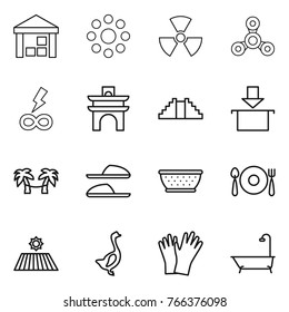 Thin line icon set : warehouse, round around, nuclear, spinner, infinity power, arch, pyramid, package, palm hammock, slippers, colander, fork spoon plate, field, goose, gloves, bath