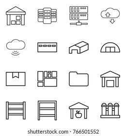 Thin line icon set : warehouse, server, cloude service, cloud wireless, bunker, hangare, package box, consolidated cargo, documents, rack, grain elevator