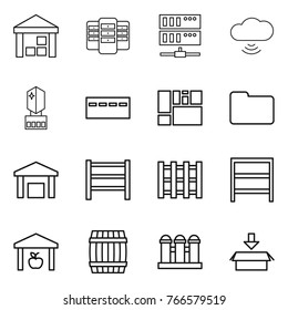 Thin line icon set : warehouse, server, cloud wireless, crystall memory, bunker, consolidated cargo, documents, rack, pallet, barrel, grain elevator, package