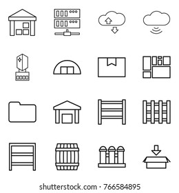 Thin line icon set : warehouse, server, cloude service, cloud wireless, crystall memory, hangare, package box, consolidated cargo, documents, rack, pallet, barrel, grain elevator