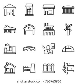 Thin line icon set : warehouse, building, shop, airport, house with garage, barn, factory, windmill, city, bridge, architector, greenhouse, home, grain elevator, skyscrapers cleaning
