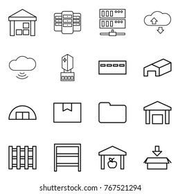 Thin line icon set : warehouse, server, cloude service, cloud wireless, crystall memory, bunker, hangare, package box, documents, pallet, rack