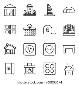 Thin line icon set : warehouse, mansion, skyscraper, hangare, panel house, university, measuring tape, office, home, power socket, table, fridge, fireplace, hob, cleaning