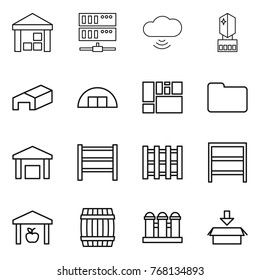 Thin line icon set : warehouse, server, cloud wireless, crystall memory, hangare, consolidated cargo, documents, rack, pallet, barrel, grain elevator, package