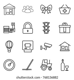 Thin line icon set : warehouse, group, bow, add to basket, mall, lock, traffic light, hi quality package, air ballon, atm, surveillance, home, barometer, rake, tractor, wine