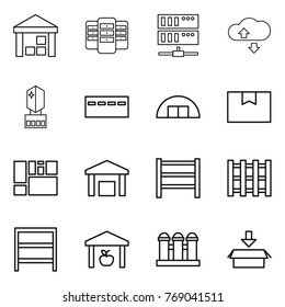 Thin line icon set : warehouse, server, cloude service, crystall memory, bunker, hangare, package box, consolidated cargo, rack, pallet, grain elevator