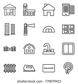 Thin line icon set : warehouse, mansion, home, houses, skyscrapers, lighthouse, hangare, panel house, school, water tap, power switch, radiator, iron, welcome mat, elecric oven