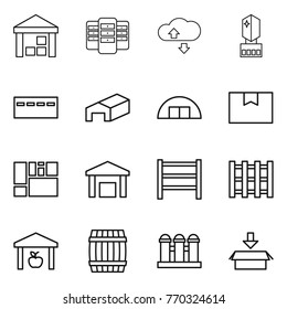 Thin line icon set : warehouse, server, cloude service, crystall memory, bunker, hangare, package box, consolidated cargo, rack, pallet, barrel, grain elevator