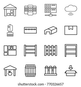 Thin line icon set : warehouse, server, cloud wireless, crystall memory, bunker, package box, consolidated cargo, rack, pallet, barrel, grain elevator