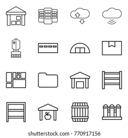 Thin line icon set : warehouse, server, cloude service, cloud wireless, crystall memory, bunker, hangare, package box, consolidated cargo, documents, rack, barrel, grain elevator