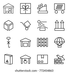 Thin line icon set : warehouse, gift, cashbox, delivery, 3d, trolley, sun potection, cargo top sign, do not hook, pallet, parachute, cereals, package, construct garbage