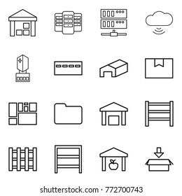 Thin line icon set : warehouse, server, cloud wireless, crystall memory, bunker, package box, consolidated cargo, documents, rack, pallet