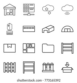 Thin line icon set : warehouse, server, cloude service, cloud wireless, crystall memory, bunker, hangare, package box, consolidated cargo, documents, rack, pallet, grain elevator