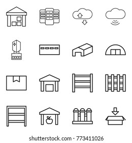 Thin line icon set : warehouse, server, cloude service, cloud wireless, crystall memory, bunker, hangare, package box, rack, pallet, grain elevator