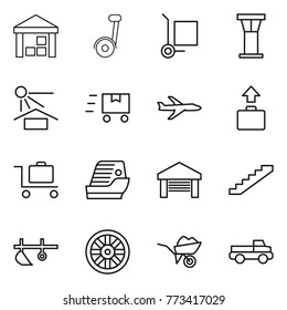 Thin line icon set : warehouse, segway, cargo stoller, airport tower, sun potection, fast deliver, plane, baggage, trolley, cruise ship, garage, stairs, plow, wheel, wheelbarrow, pickup