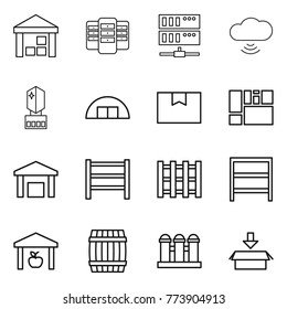 Thin line icon set : warehouse, server, cloud wireless, crystall memory, hangare, package box, consolidated cargo, rack, pallet, barrel, grain elevator