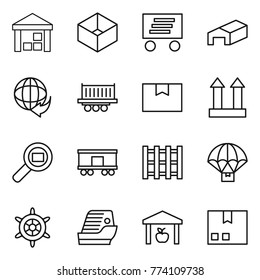 Thin line icon set : warehouse, box, delivery, truck shipping, package, cargo top sign, search, railroad, pallet, parachute, handwheel, cruise ship