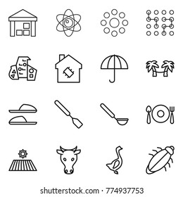 Thin line icon set : warehouse, atom, round around, chip, modern architecture, smart house, dry cargo, palm hammock, slippers, spatula, ladle, fork spoon plate, field, cow, goose, bug
