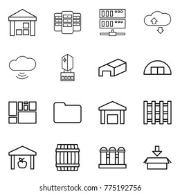 Thin line icon set : warehouse, server, cloude service, cloud wireless, crystall memory, hangare, consolidated cargo, documents, pallet, barrel, grain elevator, package