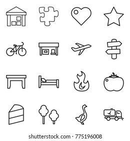 Thin line icon set : warehouse, puzzle, heart, star, bike, gas station, plane, signpost, table, bed, fire, tomato, cake, trees, goose, home call cleaning