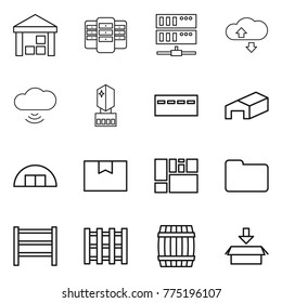 Thin line icon set : warehouse, server, cloude service, cloud wireless, crystall memory, bunker, hangare, package box, consolidated cargo, documents, rack, pallet, barrel