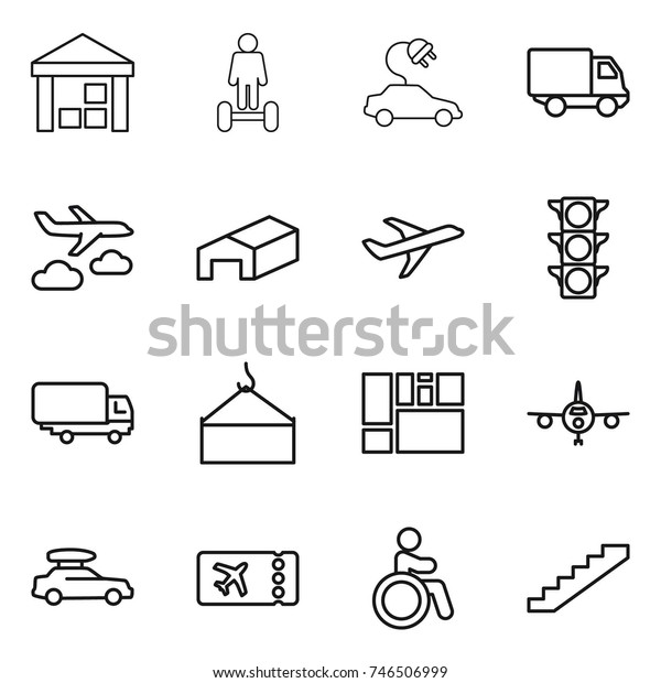 thin\
line icon set : warehouse, hoverboard, electric car, delivery,\
journey, plane, traffic light, shipping, loading crane,\
consolidated cargo, baggage, ticket, invalid,\
stairs