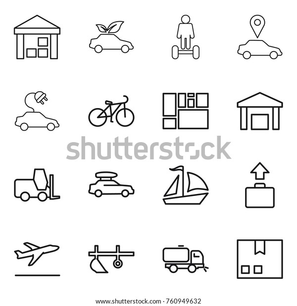 Thin line icon set :\
warehouse, eco car, hoverboard, pointer, electric, bike,\
consolidated cargo, fork loader, baggage, sail boat, departure,\
plow, sweeper, package