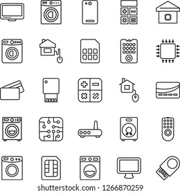 Thin Line Icon Set - washer vector, calculator, monitor, speaker, phone back, sim, smart home, credit card, control, chip, remote, router, usb flash