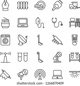 Thin Line Icon Set - washer vector, fork loader, desk, notebook pc, stethoscope, blood test vial, dropper, tomography, satellite antenna, microphone, remote control, laptop, hdmi, ink pen, copier