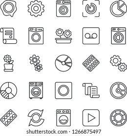 Thin Line Icon Set - washer vector, gear, contract, circle chart, stamp, pills blister, play button, record, eye id, update, pie graph, flower in pot, crisis management
