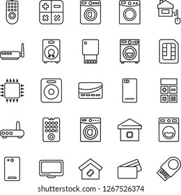 Thin Line Icon Set - washer vector, calculator, monitor, speaker, phone back, sim, smart home, credit card, control, chip, remote, router, usb flash