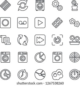 Thin Line Icon Set - washer vector, gear, contract, circle chart, pills blister, play button, fast forward, update, record, eye id, pie graph, target, flower in pot, omelette, clock