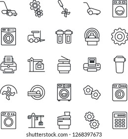 Thin Line Icon Set - washer vector, fork loader, gear, ripper, lawn mower, tomography, printer, copier, crane, water filter, combination lock