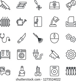 Thin Line Icon Set - washer vector, gear, mouse, rake, watering can, garden knife, ripper, doctor case, stethoscope, blood pressure, test vial, office phone, microphone, speaker, themes, desk lamp