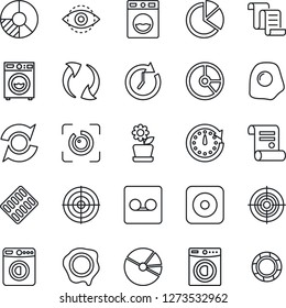 Thin Line Icon Set - washer vector, contract, circle chart, stamp, pills blister, rec button, update, record, eye id, pie graph, target, flower in pot, omelette, clock, crisis management