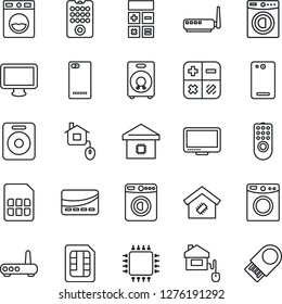 Thin Line Icon Set - washer vector, calculator, monitor, speaker, phone back, sim, smart home, credit card, control, chip, remote, router, usb flash