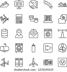 Thin Line Icon Set - washer vector, book, calculator, abacus, crisis graph, blood pressure, navigation, plane, client, sea shipping, oil barrel, antenna, mail, fast forward, presentation board