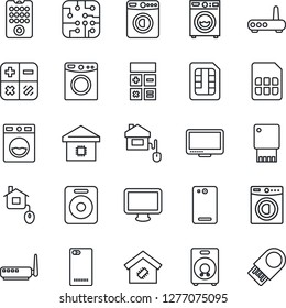 Thin Line Icon Set - washer vector, calculator, monitor, speaker, phone back, sim, smart home, control, chip, remote, router, usb flash