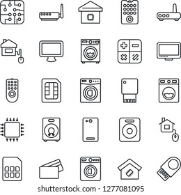 Thin Line Icon Set - washer vector, calculator, monitor, speaker, phone back, sim, smart home, credit card, control, chip, remote, router, usb flash