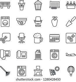 Thin Line Icon Set - washer vector, plane, office chair, flower in pot, trowel, rake, bench, garden light, fireplace, real heart, truck trailer, term, cut, meeting, sun panel, city house, beer