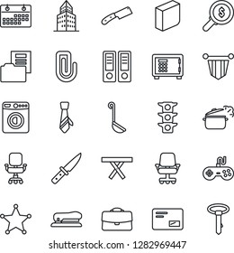 Thin Line Icon Set - washer vector, safe, pennant, office binder, picnic table, traffic light, gamepad, mail, calendar, case, paper clip, building, document folder, chair, blank box, tie, stapler