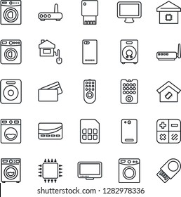 Thin Line Icon Set - washer vector, calculator, monitor, speaker, phone back, sim, smart home, credit card, control, chip, remote, router, usb flash