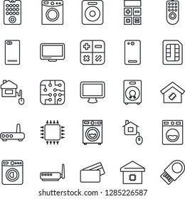 Thin Line Icon Set - washer vector, calculator, monitor, speaker, phone back, sim, smart home, credit card, control, chip, remote, router, usb flash